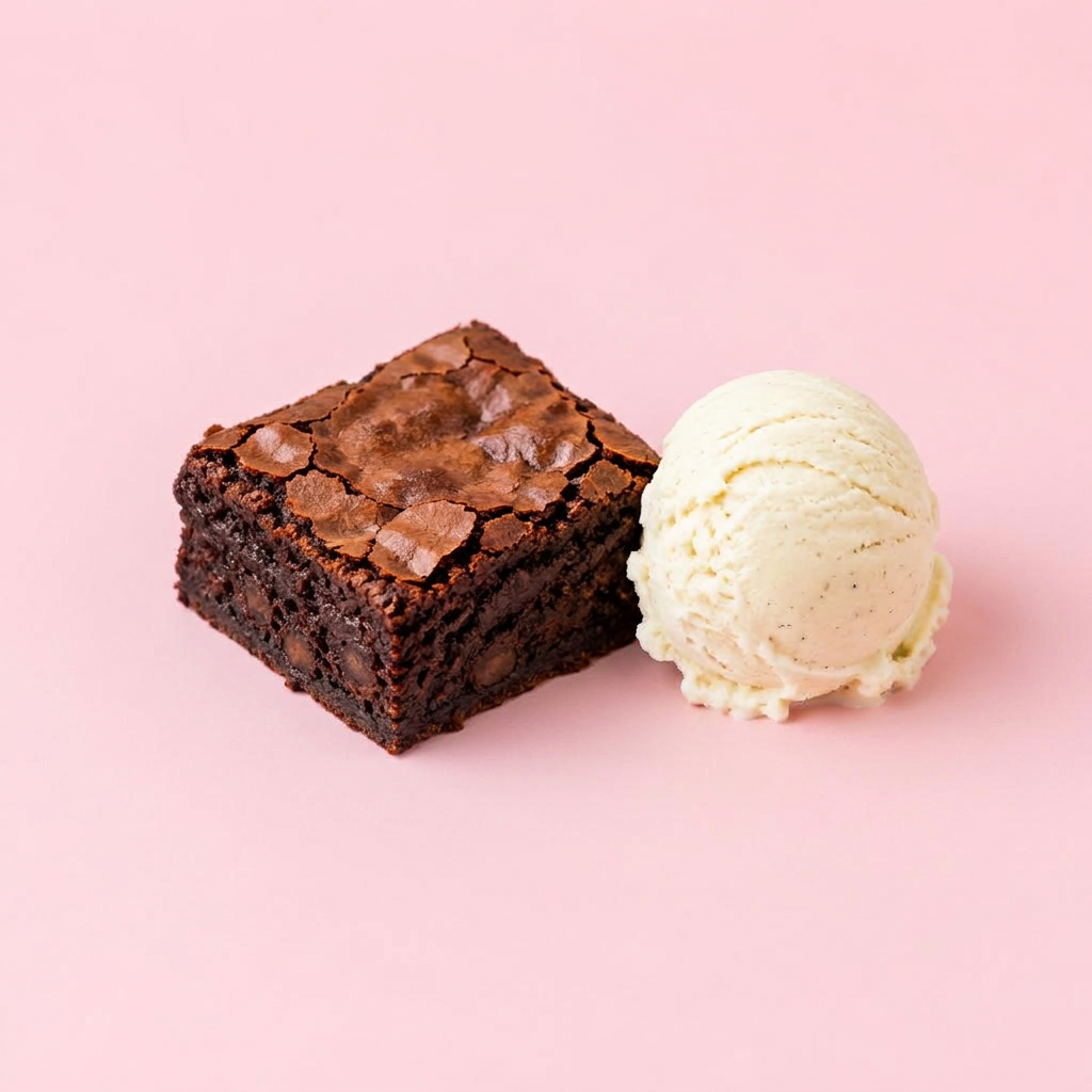 Brownie met een bol vanille-ijs